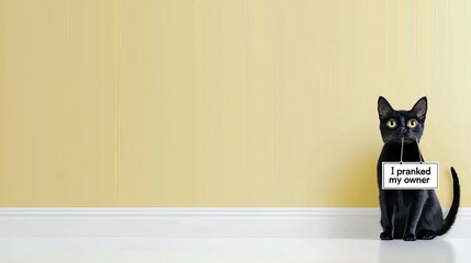 Fototapeta premium April Fools Day concept. A black cat sits against a yellow wall holding a sign that reads 