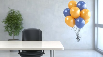 April Fools Day concept. A colorful balloon bouquet next to a modern desk and office chair in a bright room.