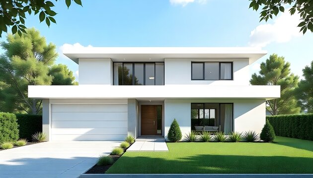 Una casa moderna de dos pisos con techo plano y l&iacute;neas limpias, con un tel&oacute;n de fondo de cielo azul y follaje verde