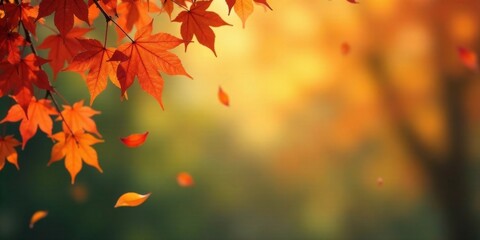Fototapeta premium Autumnal foliage gently falling, vibrant red and orange leaves against a soft, blurred background of warm autumnal hues. A serene image depicting the beauty of the season.