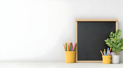Black Chalkboard with Colorful Pencils and Green Plant Decoration