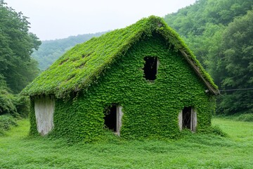 Obraz premium An abandoned village being slowly consumed by dense, overgrown vegetation, its buildings barely visible under thick vines