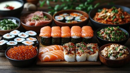 variety of international cuisine featuring pizza pasta and sushi on wooden table