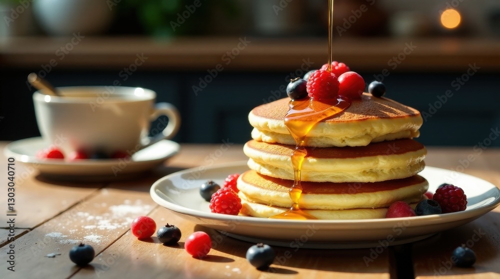 Poster a delightful stack of fluffy pancakes, adorned with a medley of fresh berries and a drizzle of golde