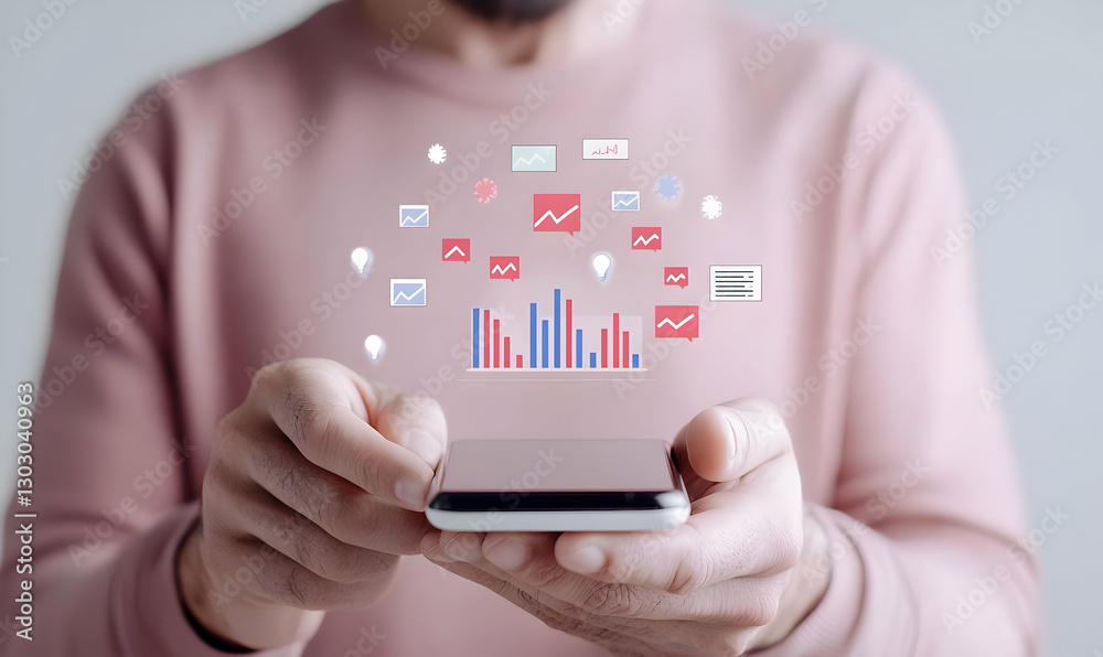 Poster hands holding smartphone with data visualization graphs and icons