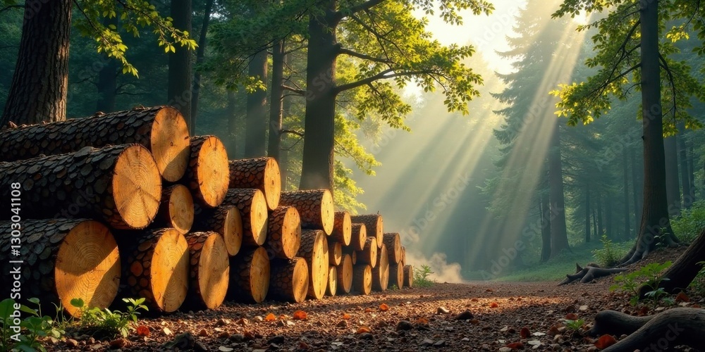 Poster Sunbeams illuminate a stack of freshly cut logs in a tranquil forest setting