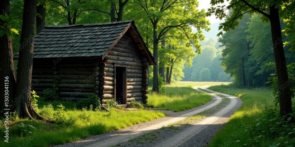 Aufkleber rustic log cabin nestled beside a winding forest path bathed in morning sunlight, creating a tranqui