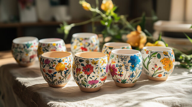 Colorful handmade ceramics pottery vases with floral decor and art design