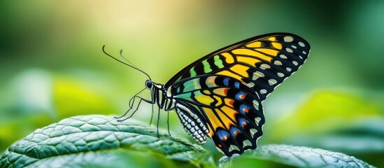 Fototapeta premium Colorful butterfly perched on a vibrant green leaf in a garden.