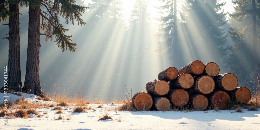 Poster Sunlit Winter Forest Lumber Pile A serene scene of stacked logs rests in a snowy clearing, bathed in the radiant glow of the winter sun filtering through tall evergreen trees.