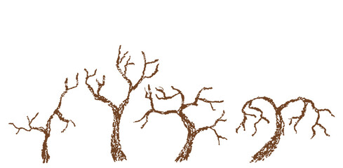 Crazy scary tree set. Hand drawn cartoon Halloween silhouette art border. Crayon or pencil chalk vector funny horrible doodle grunge old spooky horror snag.