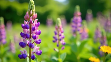 Fototapeta premium Vibrant purple and pink lupine flowers blooming in a sunlit meadow, showcasing their delicate petals and tall stems amidst a bokeh background of other blossoms.