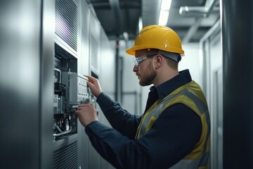 Technician in Safety Gear Working on Electrical Equipment in Modern Server Room