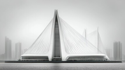 Obraz premium Modern architectural landmark on island in city skyline, misty day