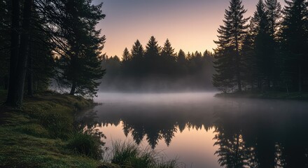 Misty Sunrise over Serene Lake in Pine Forest