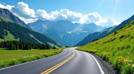 Fototapeta premium Serene Asphalt Ribbon Winding Through Verdant Mountain Valley Under a Sky of Puffy Clouds