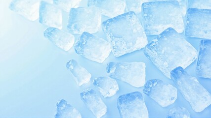 Crystal Clear Ice Cubes with a Cool Blue Tone, Creating a Refreshing and Chilled Atmosphere for Beverage and Cooling Concepts