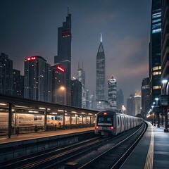 Fototapeta premium Night Cityscape Urban Train Station with Modern Architecture and Dramatic Lighting