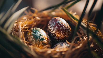 Colorful Easter eggs in a nest surrounded by grass and spring nature