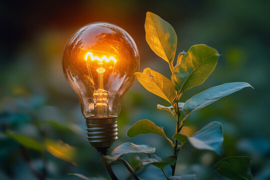 glowing light bulb surrounded by green leaves symbolizes