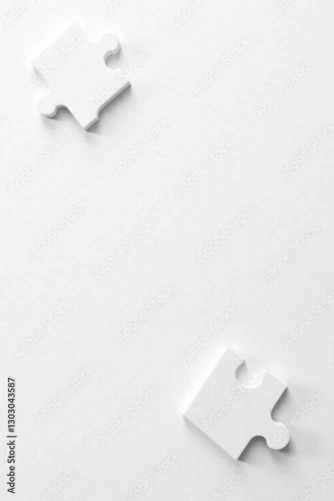 Poster Two White Puzzle Pieces Separated by Space on a Plain White Background Representing Connection and Completion
