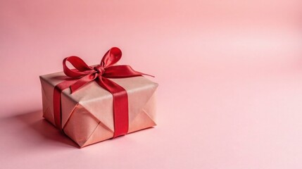 Fototapeta premium A delicately wrapped gift box with a crimson ribbon bow, resting on a soft pink surface, conveying a sense of elegance and anticipation