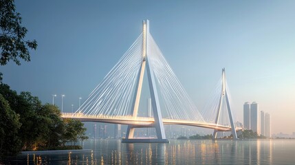 Obraz premium Modern cable-stayed bridge over tranquil river at dawn, city skyline in background