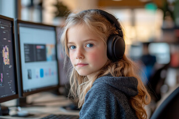 Focused girl with headphones working on computer