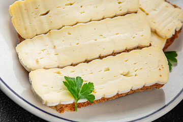 Sandwich soft cheese Camembert or Brie fresh delicious gourmet food background on the table rustic food top view copy space