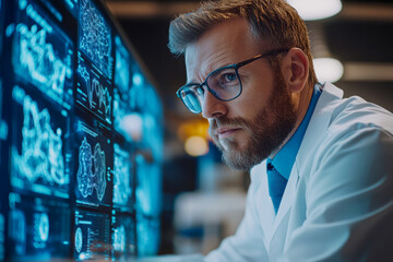 Focused scientist analyzing data on digital screen