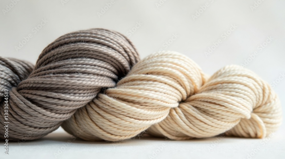 Aufkleber close-up view of two skeins of yarn in soft, neutral tones, showcasing their texture and subtle colo
