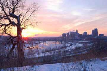 downtown saint paul and mississippi river at dusk from indian mounds park overlook in winter