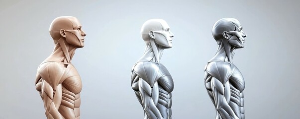 Obraz premium human figure and anatomy concept. Three anatomical models showcasing human muscular structure and skin variations in a side-by-side comparison.