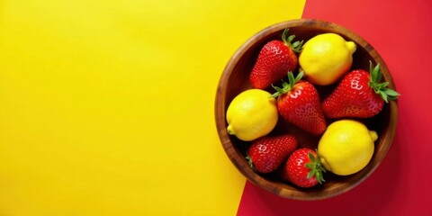 Fresh Strawberries and Lemons in a Wooden Bowl on a Vibrant Yellow and Red Background