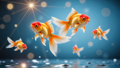 Fototapeta premium Group of goldfish swimming in a glowing blue fantasy world