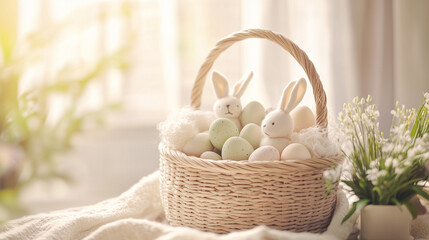 Easter basket filled with eggs celebrating spring holiday with festive pastel decor