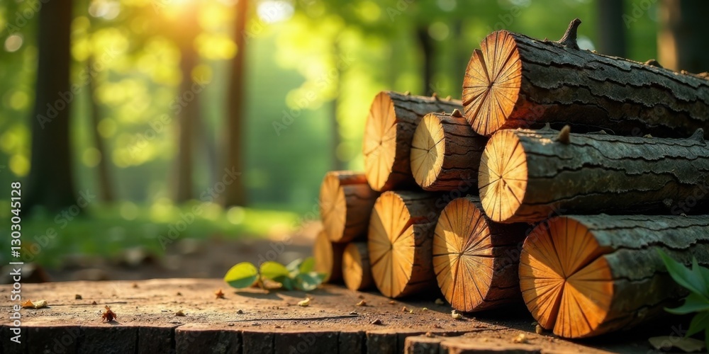 Poster Sunlight Illuminates a Stack of Logs in a Verdant Forest Setting