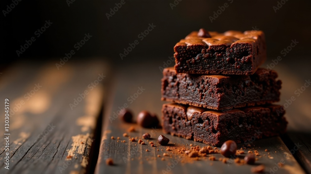 Poster a delectable stack of three fudgy chocolate brownies, rich and decadent, resting on a rustic wooden 
