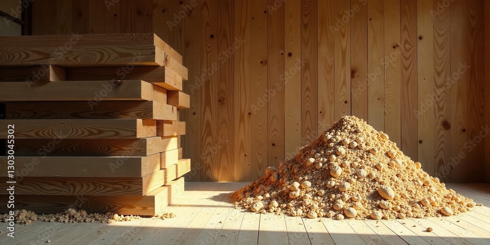 Aufkleber Sunlight illuminates a stack of lumber and a pile of granular material on a wooden floor.