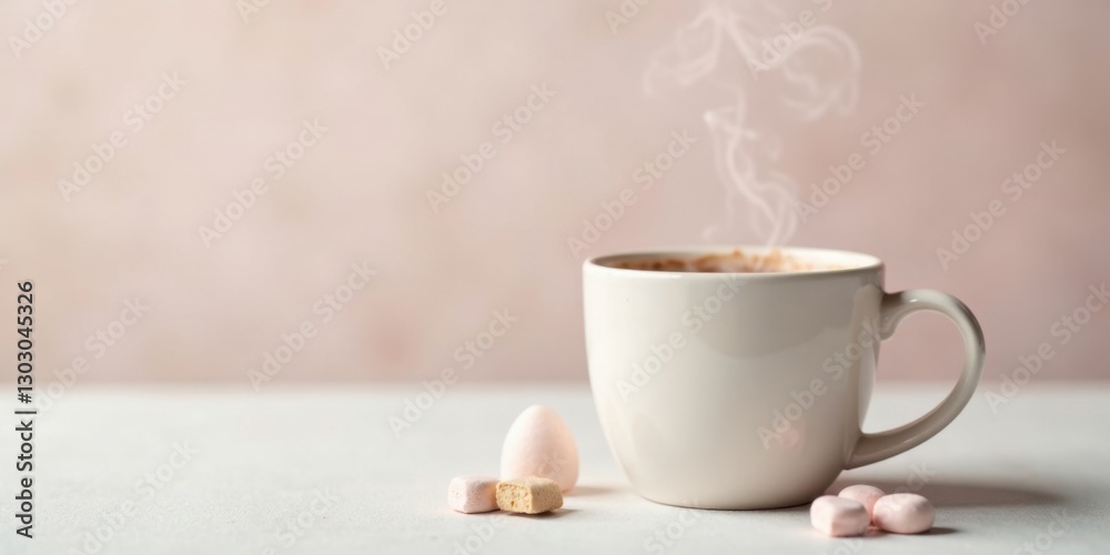 Poster a steaming mug of hot cocoa with pastel marshmallows on a soft pink background