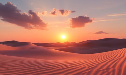 beautiful desert landscape at sunset, with the sun setting behind rolling sand dunes. The sky is painted in warm hues of orange and pink as it gently cascades over the tranquil scene