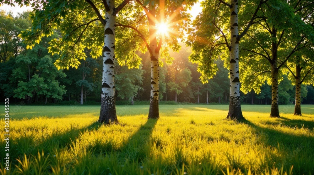 Poster golden hour serenity three birch trees bask in the warm glow of a setting sun in a lush meadow