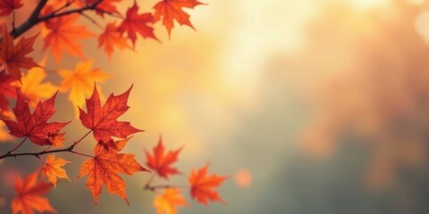 Fototapeta premium Autumnal foliage, vibrant red and orange maple leaves against a soft-focus background, perfect for seasonal designs.