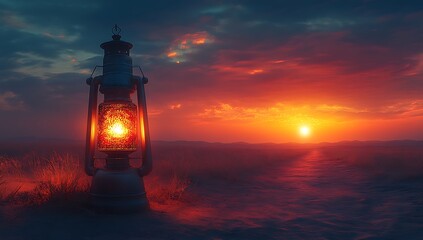 Vintage Lantern Glowing Warmly Against a Stunning Sunset in a Tranquil Landscape