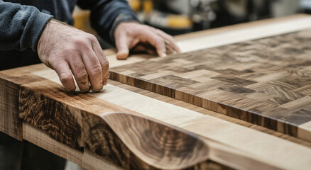 Artisan focuses on detailing oak and walnut pieces, skillfully combining textures in a well-lit woodworking shop
