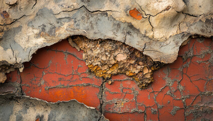 Close-up view of an old cracked brick, showcasing its rich textures and color variations in a weathered wall surface