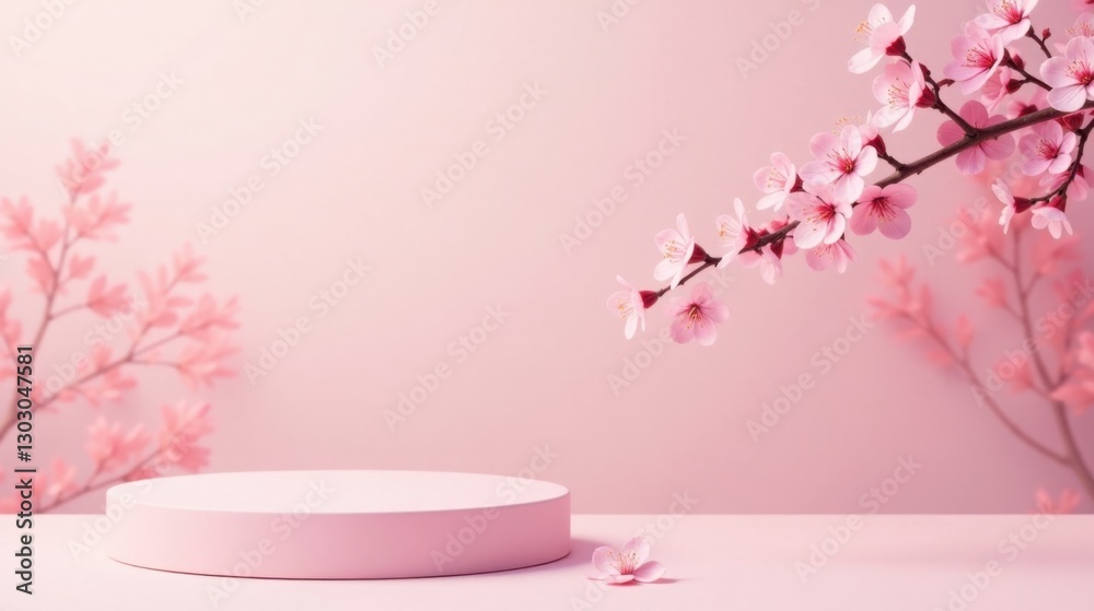 Poster pink spring blossom display with product presentation platform