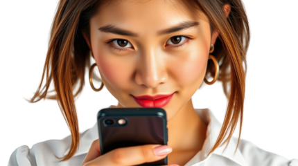 Confident  Asian Woman Looking at Smartphone with Intense Focus No Background

