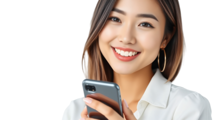 Young Asian Woman Smiling Holding Smartphone on White Isolated Background
