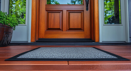 Fototapeta premium The front entrance features elegant double wooden doors complemented by a stylish welcome mat on the porch, surrounded by greenery